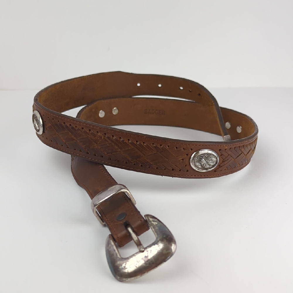 VINTAGE Men's Brown Leather Fish Image Conch Belt